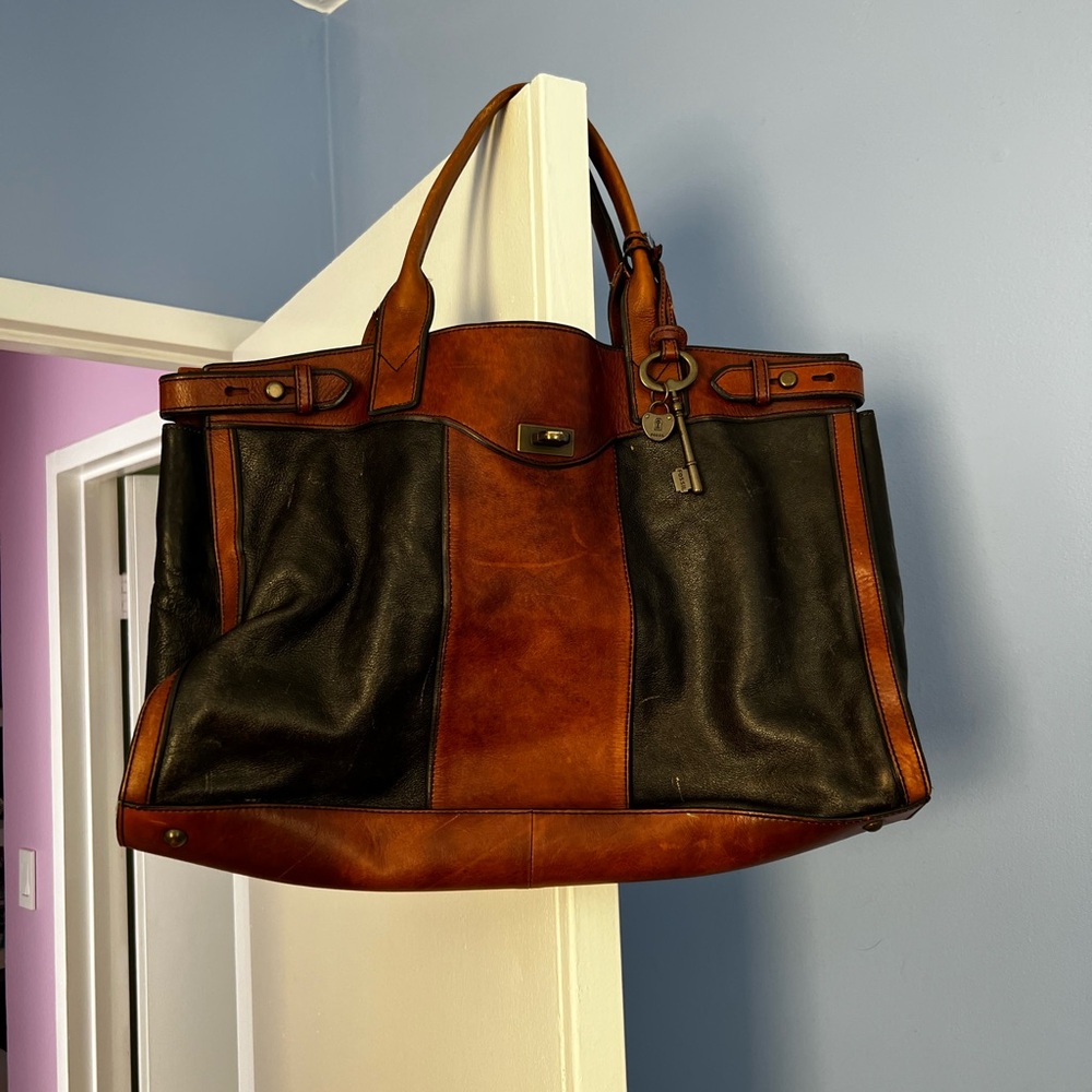 Fossil Black and Brown Leather Duffel Bag